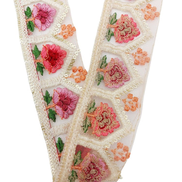 9 Yards Peach Soft Net Lace Trim Floral Embroidery and Gold Sequins, Floral Sari Border, Decorative Trim